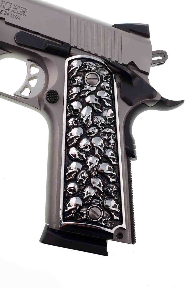 1911 Colt Rock Island 3D Skulls Pewter Finish Solid Aluminum Grips Full Size