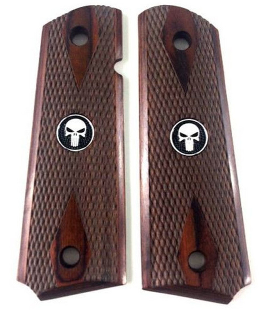 1911 Colt Full Size Double Diamond Checkered Rosewood Grips w/Black Punisher Medallions