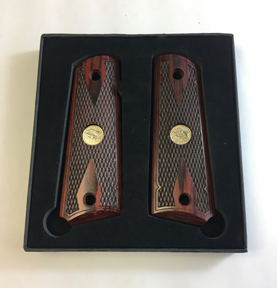 1911 Colt Full Size Double Diamond Checkered Rosewood Grips Weagle Medallions Premium Gun Grips 6196