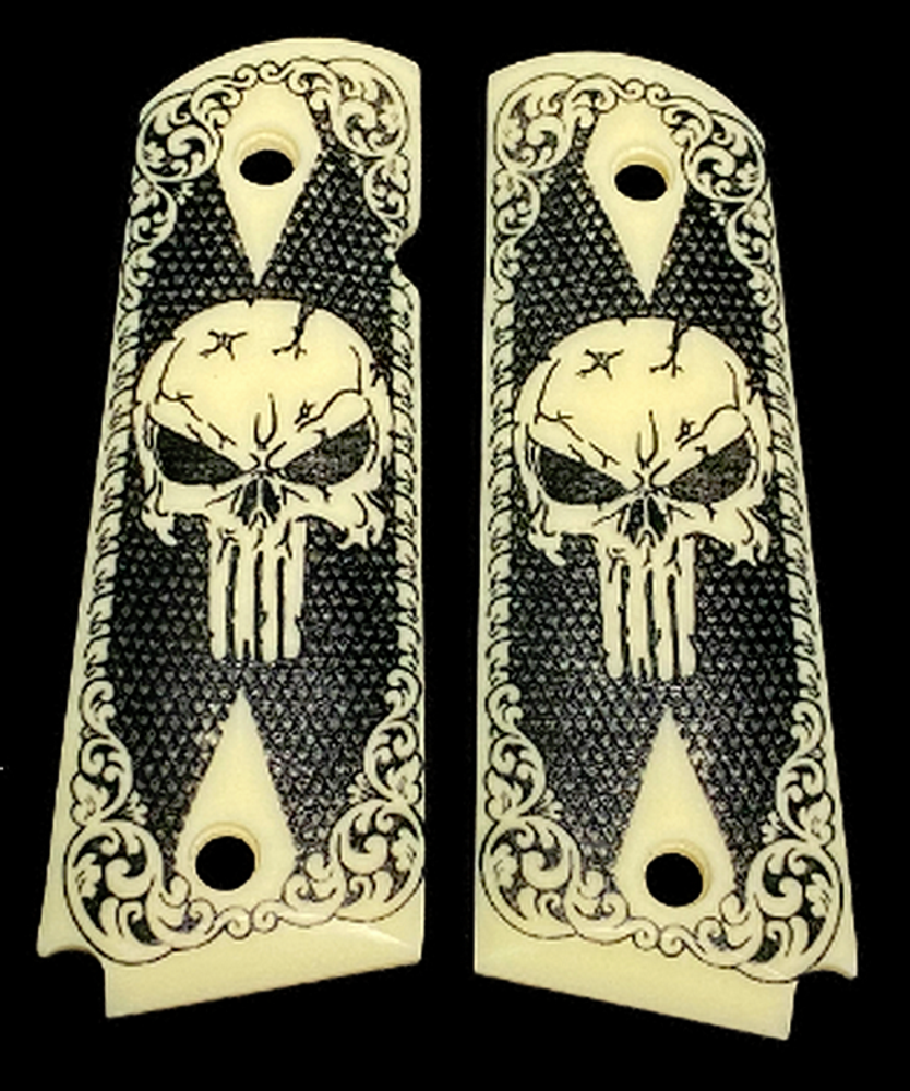 1911 Full Size Gun Grips  UV printed HD picture of scrimshaw scroll w/Punisher