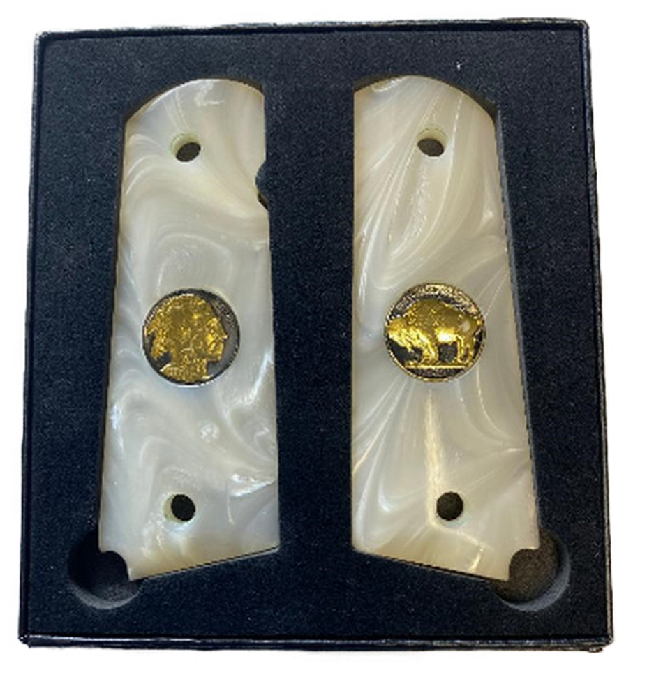 Gun Grips Acrylic Pearl White w/24k gold plated Buffalo Nickel W/Black Ruthnium