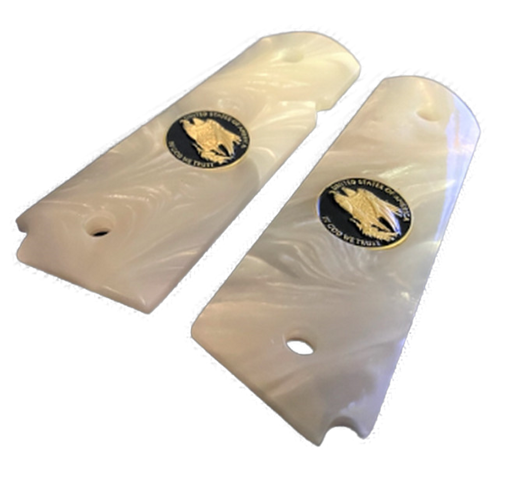 1911 Gun Grips Acrylic Pearl White w/Black and Gold Eagle