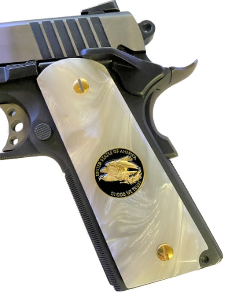 1911 Gun Grips Acrylic Pearl White w/Black and Gold Eagle and 24k Gold Plated Screws