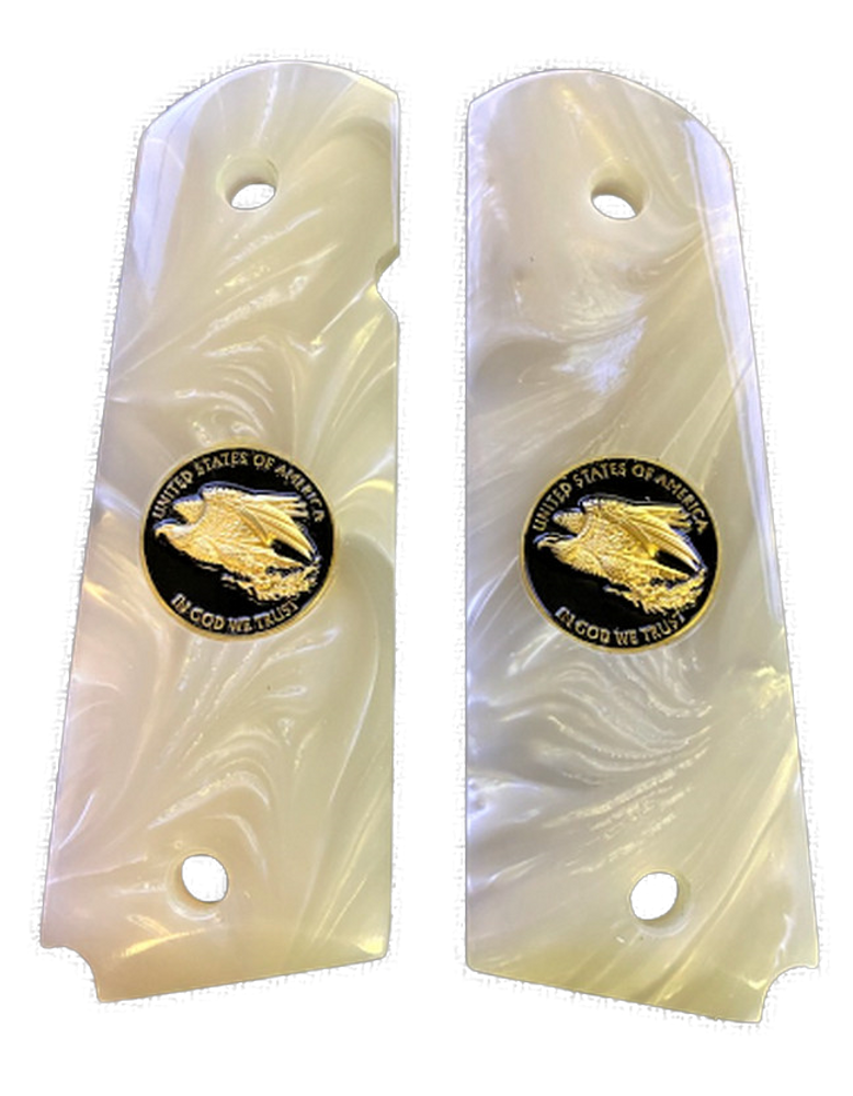 1911 Gun Grips Acrylic Pearl White w/Black and Gold Eagle