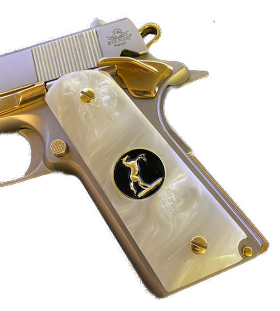 1911 Gun Grips Acrylic Pearl White w/Black and Gold Trophy Horse