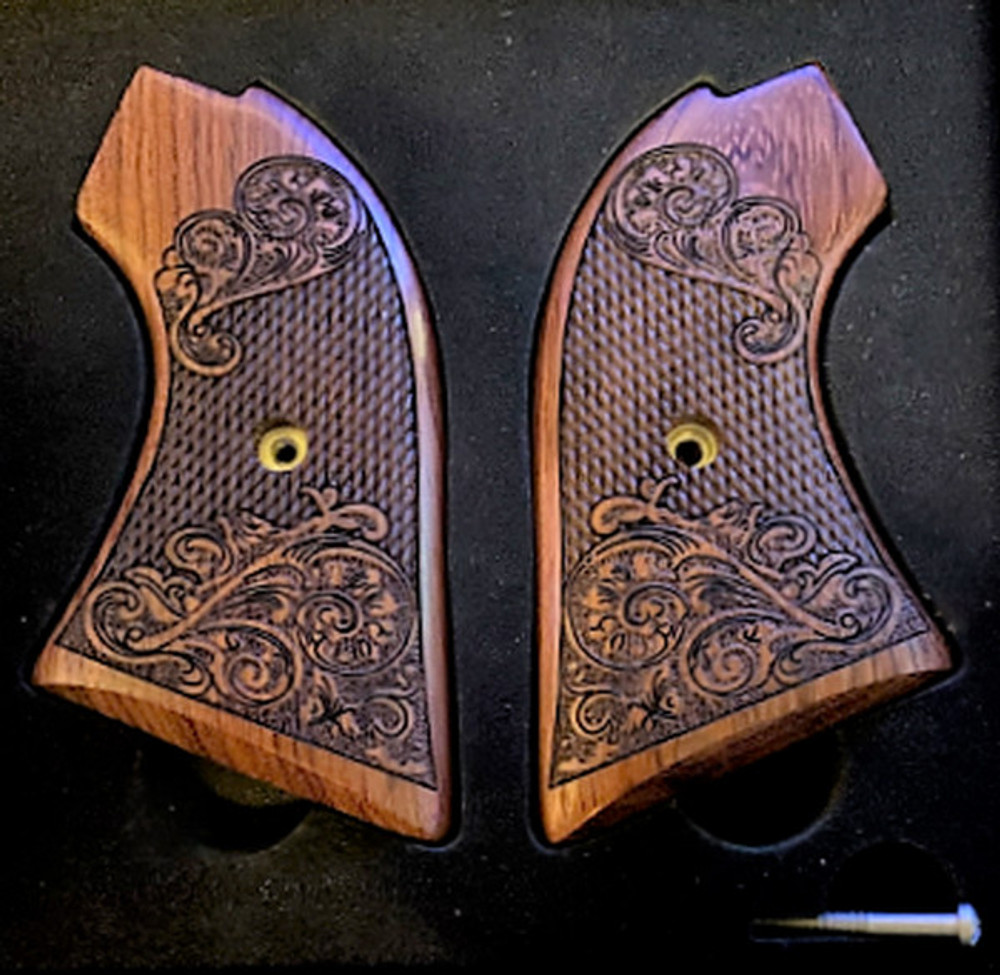 The Rosewood "Gold Rush" Version Heritage Arms Rough Rider Carved Scroll Rosewood 6 & 9 Shot Grips (.22 &.22 Mag)