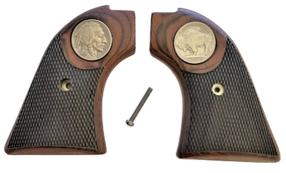 The Rosewood "Buffalo" Version Heritage Arms Rough Rider Checkered Rosewood w/Buffalo Nickel Medallion 6 & 9 Shot Grips (.22 &.22 Mag)