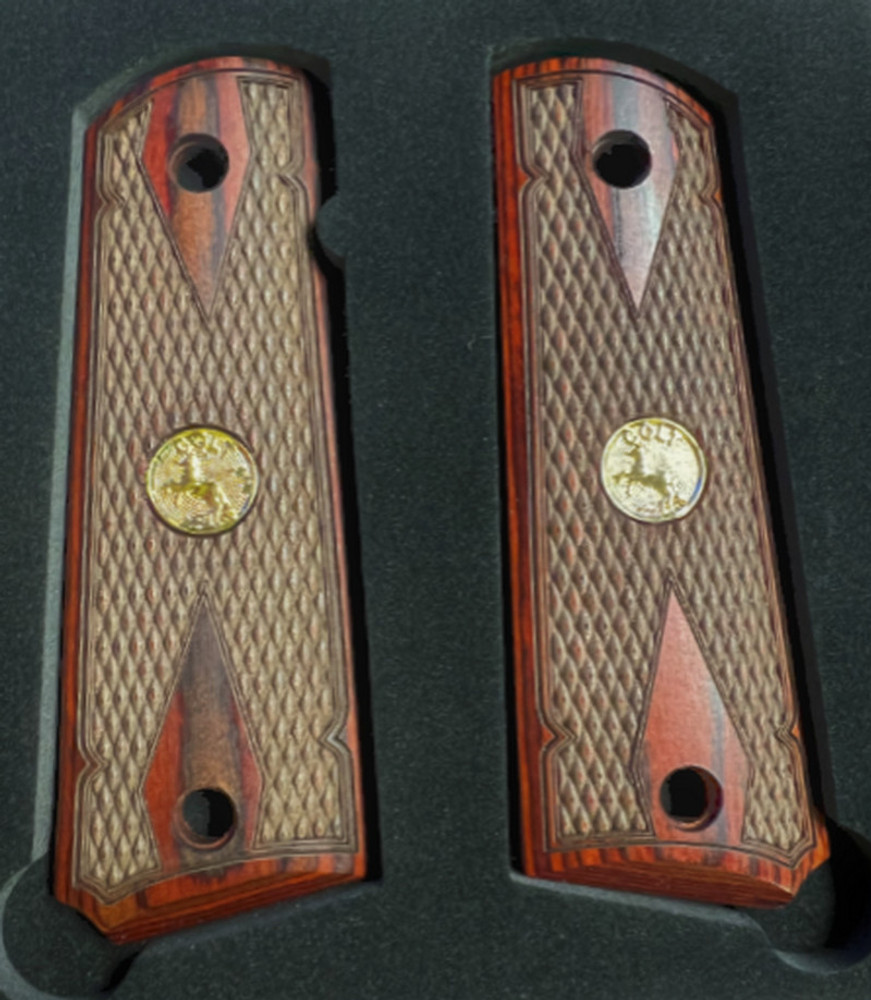 Grips Colt Government 1911 And Clones Classic Double Diamond Rosewood Gold Medallions 9718