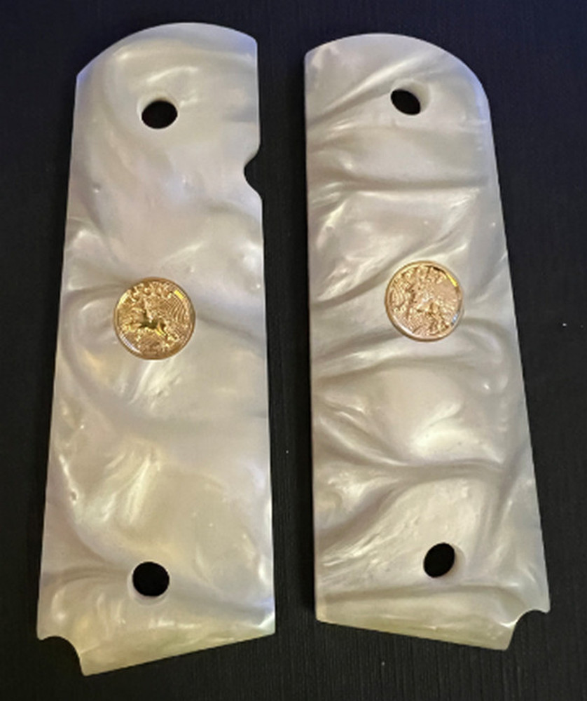 Colt 1911 Grips White Fire Pearl with Factory Gold Medallions