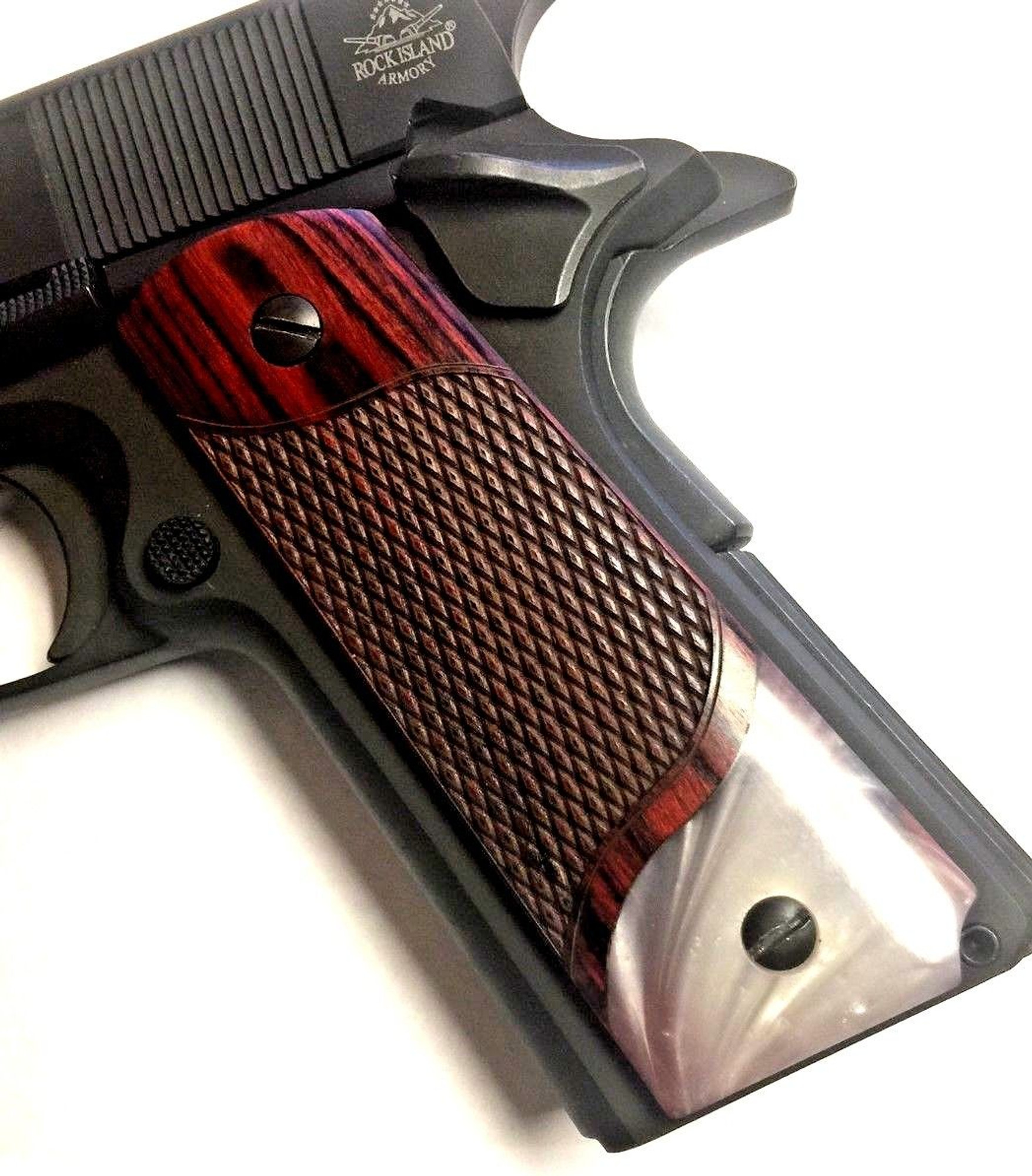 1911 Full Size Checkered Rosewood Grips Wacrylic Pearl Accent Premium Gun Grips 7598