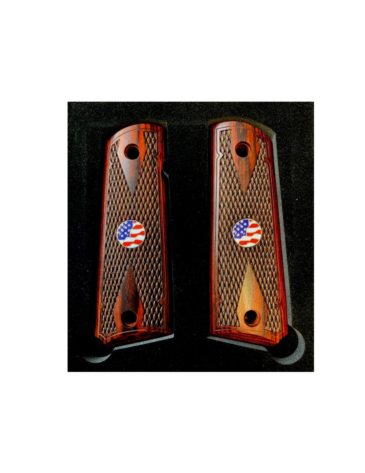 1911 Colt Full Size Double Diamond Checkered Rosewood Grips Wus Flag Medallions Premium Gun Grips 6491