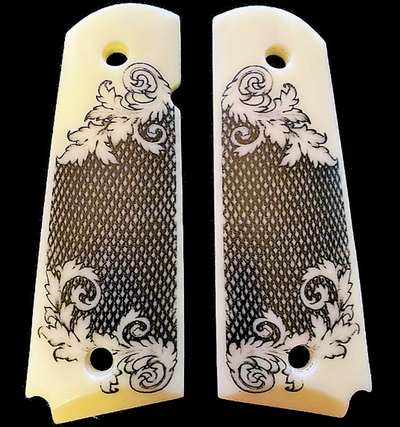 1911 Full Size Gun Grips Acrylic Ivory Scrimshaw w/Scroll