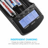 Four-slot intelligent charger featuring independent charging channels to manage different battery types simultaneously.
