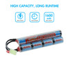 A 1600mAh NiMH battery featuring high capacity cells designed for long runtime during extended airsoft matches.