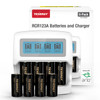 Tenergy RCR123A battery 4-pack and charger kit in retail packaging for home security.