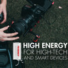 High energy CR123A battery powering professional DSLR camera equipment and smart devices.
