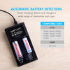 Universal charger featuring automatic battery detection for various Li-ion and NiMH cell sizes and chemistries.