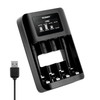 Tenergy TN474U 4-bay USB charger with a digital display and Micro USB input for flexible charging from any standard port.