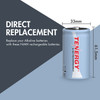 Standard NiMH D battery measuring 33mm by 61.5mm serves as a direct replacement for traditional alkaline power cells.