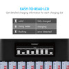 Digital LCD battery charger shows battery icons indicating the charging status of the batteries. 