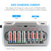 Tenergy 8-bay NiMH battery charger replenishing AA and AAA cells to prolong rechargeable battery lifespan.