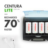 Tenergy Centura Lite D batteries in a charger featuring 70% faster recharging for frequent users.