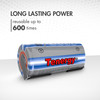 Durable NiMH rechargeable battery cell that is reusable up to 600 times for long-lasting high drain power.