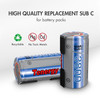 A pair of rechargeable NiMH Sub-C batteries featuring an eco-friendly design for custom battery pack builds.