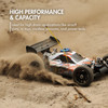 Tenergy high performance Sub C battery powers a remote control car racing across a dusty off-road track.