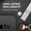A 3V CR2032 lithium battery being installed into an Apple TV remote for reliable home media control.