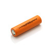 A high-capacity orange battery cell highlights its positive terminal terminal for use in high-drain flashlight devices.