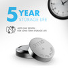 Anti-leak LR1130 1.5V batteries feature a 5-year storage life, perfect for long-term emergency backup.