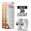 Tenergy AG10 alkaline cell 20-count pack provides a bulk power supply for small household electronics.