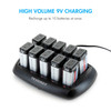 Multi-slot 9V battery charger recharging ten lithium-ion batteries simultaneously for efficient professional power usage.