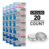 Tenergy CR2450 3V lithium coin cell batteries in a 20-count pack for various household electronics.
