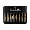 Eight-slot rechargeable battery station displays real-time status for high-drain device owners using Tenergy AA cells.