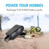 Compact NiMH charger unit shown next to an RC car to demonstrate recharging 9.6V battery packs.