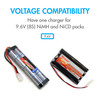 The NiMH charger is compatible with 9.6V 8S battery packs used in various high-capacity electronic hobbies.