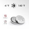 Mercury-free CR1620 coin cell with a wide temperature range for various outdoor sensors and monitors.