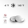 Mercury-free CR1620 coin cell with a wide temperature range for various outdoor sensors and monitors.