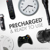 Precharged rechargeable batteries ready to use in a TV remote, gaming controller, or flashlight.