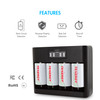 Tenergy 4 Pack Centura D Lite and TN486U (NiMH/NiCd) AA/AAA/C/D/9V 5-Bay Universal Battery Charger with LCD, Micro USB/Type C Input,