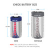 Detailed battery size chart comparing CR2 and CR123A lithium cells to ensure proper device fit.