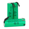 Three green rechargeable AA cells with flat-top terminals and solder tabs intended for rebuilding portable power tools.