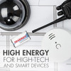 A 9V NiMH battery alongside a smoke detector and walkie-talkie for smart home security and professional equipment.
