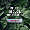 A Tenergy Ni-MH rechargeable AA battery rests on lush green leaves to promote eco-friendly power for sustainable living.