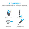 Battery application icons highlighting replacement uses for shavers, toothbrushes, rotary tools, and portable vacuums.