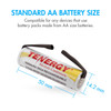 A standard AA battery measuring 50mm by 14.2mm for compatibility with various household product power requirements.
