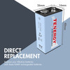 Tenergy 9V battery with 48mm height dimensions shown as a direct replacement for standard alkaline power cells.