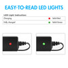 LED light indicators on the battery charger display solid red for charging and solid green when finished.